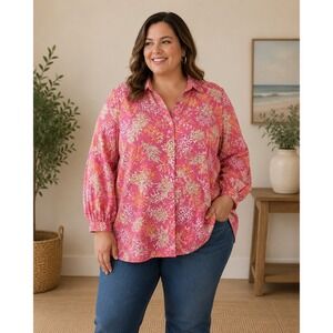 Appleseed's Woman‎ Cotton Button Shirt Womens 2X Pink Floral Casual Plus Size